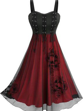 Gothic Skull Rose Tank Dress - Flocking Lace-Up A-Line with Grommets & Lace Trim